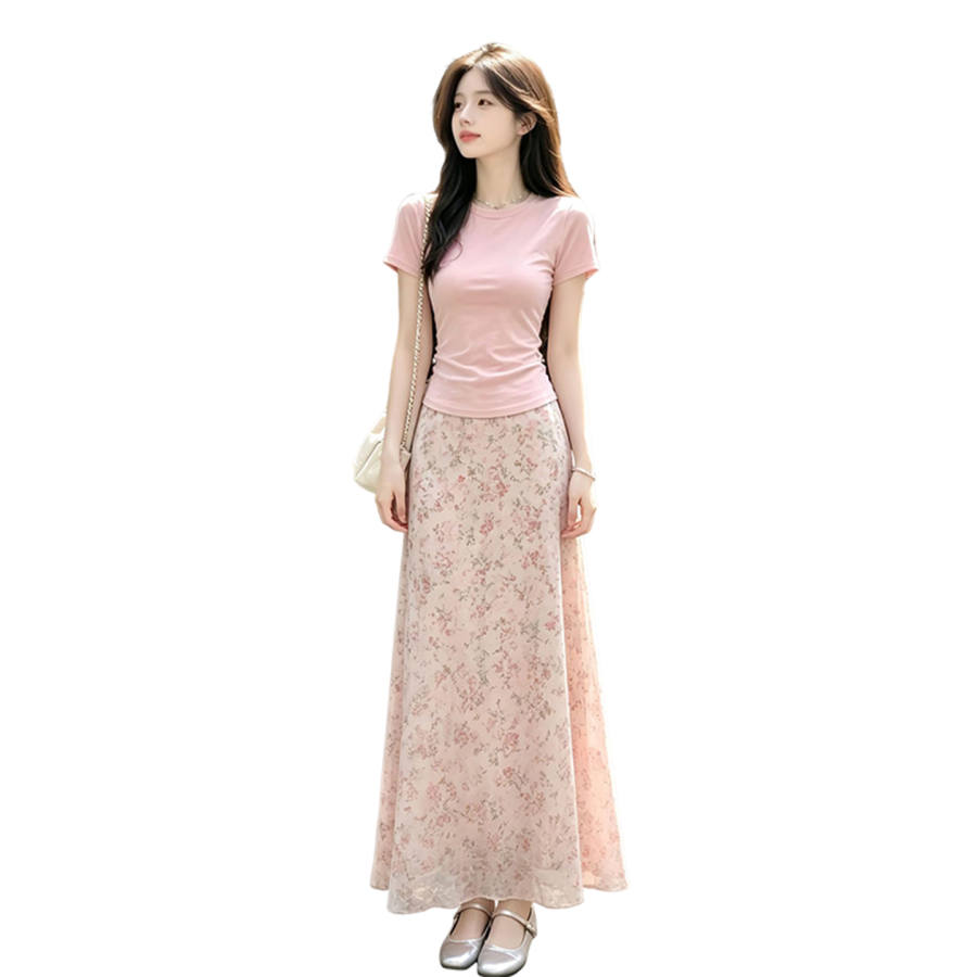 JBBCN Two Piece Skirt Sets Women's Crew Neck Thin Long Skirt