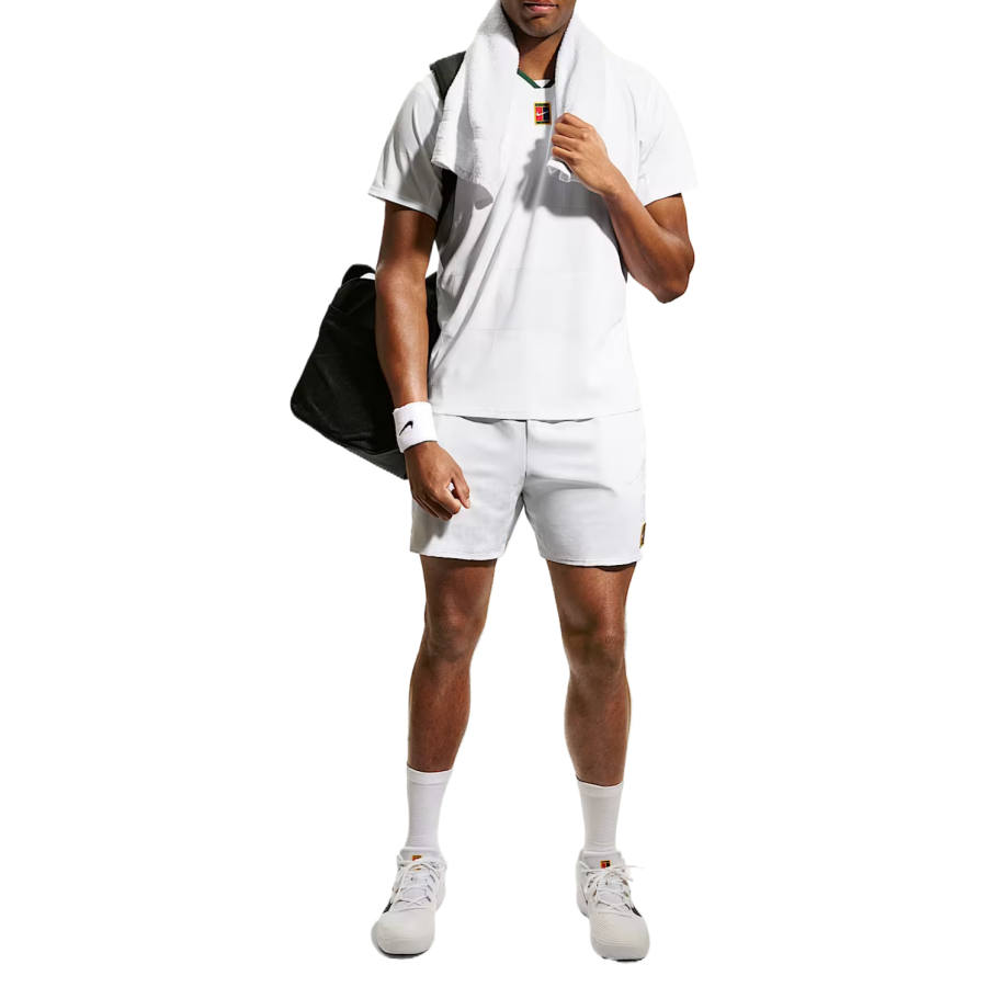 Nike Nike Court Slam Tennis Tops Men's White/Canyon Green V Neck Moderate