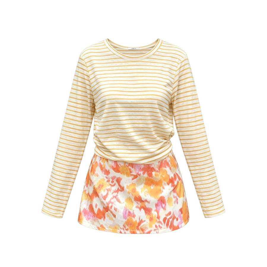 Sugarfunk Two Piece Swimsuits Women's Yellow White Stripes Boat Neck Thin Short Skirt Two Piece Swimsuit