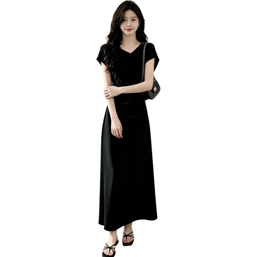 JBBCN Short Sleeved Dresses Women's Black Crew Neck Moderate Long Skirt