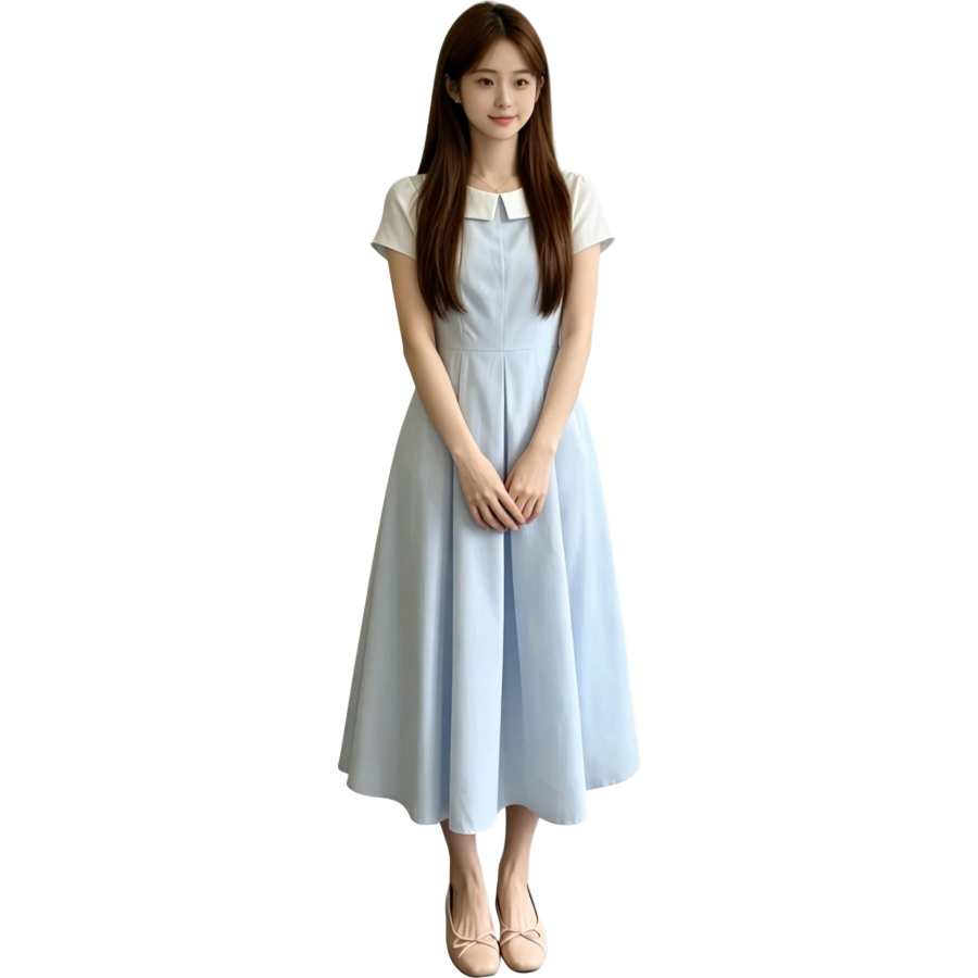 JBBCN Short Sleeved Dresses Women's Blue Peter Pan Collar Moderate Midi Skirt A Line Skirt