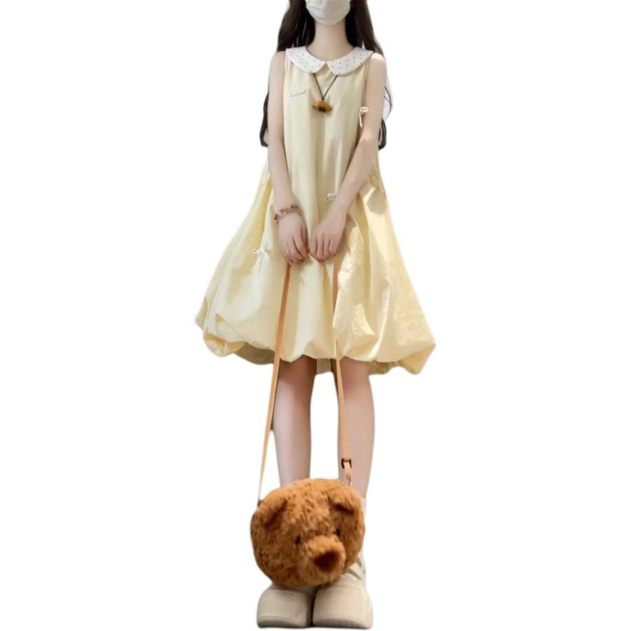 JBBCN Sleeveless Dresses Women's Yellow Peter Pan Collar Thin Short Skirt Puffy Skirt