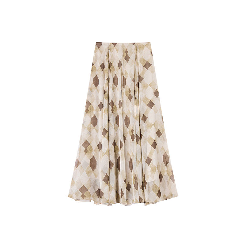 XIANGYING Casual Long Skirts Women's Coffee Plaid Thin Long Skirt