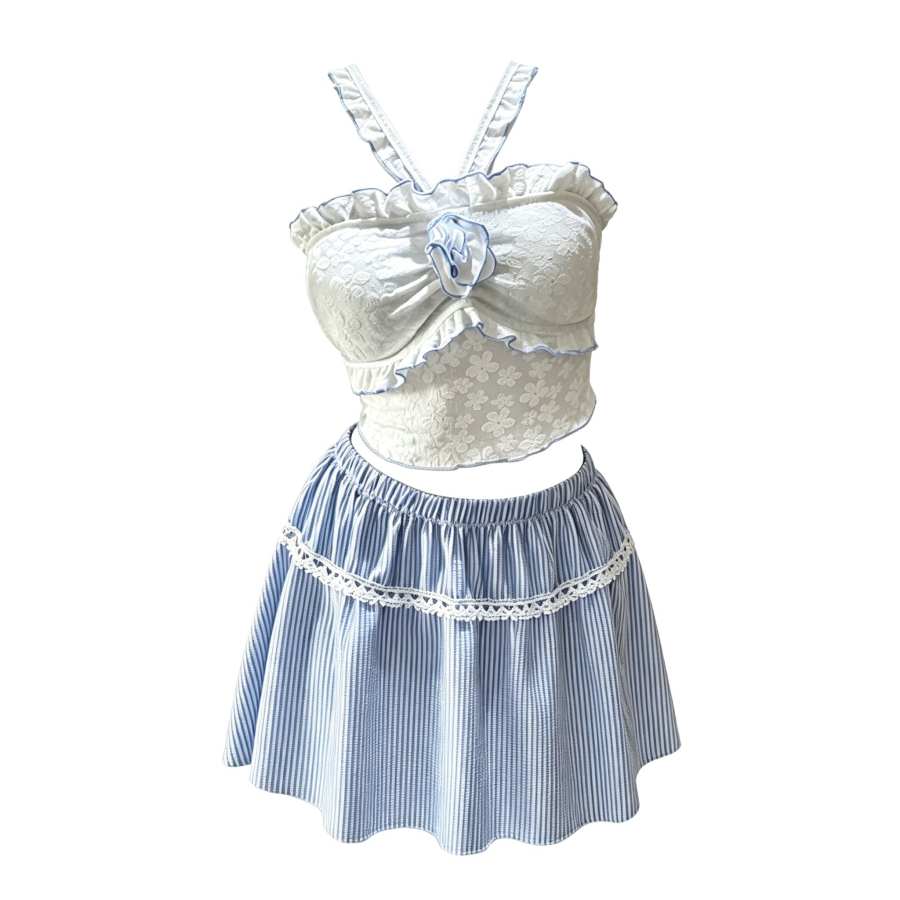 Sugarfunk Two Piece Swimsuits Women's White Blue Multicolor Halter Thin Short Skirt Two Piece Swimsuit
