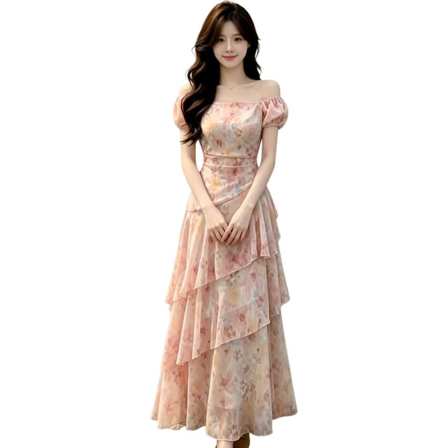 JBBCN Sleeveless Dresses Women's Pink Floral Boat Neck Thin Long Skirt Tiered Skirt