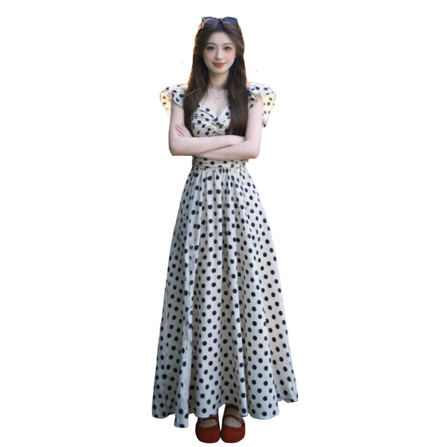JBBCN Sleeveless Dresses Women's White With Black Dot V Neck Thin Long Skirt A Line Skirt