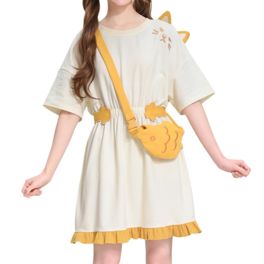 SNBL Short Sleeved Dresses Women's Ecru Crew Neck Moderate Short Skirt