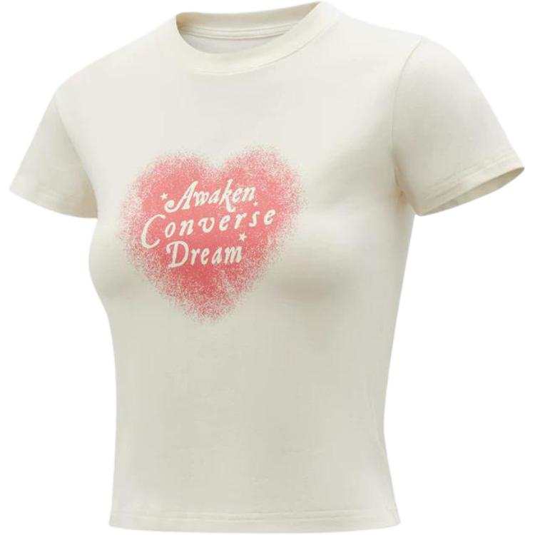 Converse T Shirts Women's Ecru/Pink Crew Neck Moderate