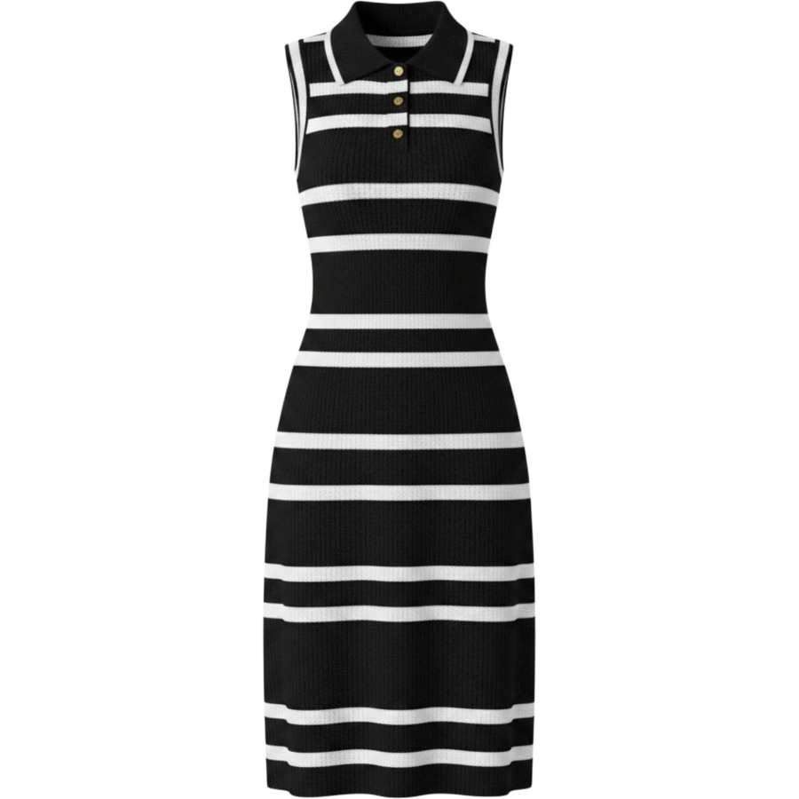CHARM GLOW Sleeveless Dresses Women's Black White Stripes Lapel Moderate Short Skirt Bodycon Skirt