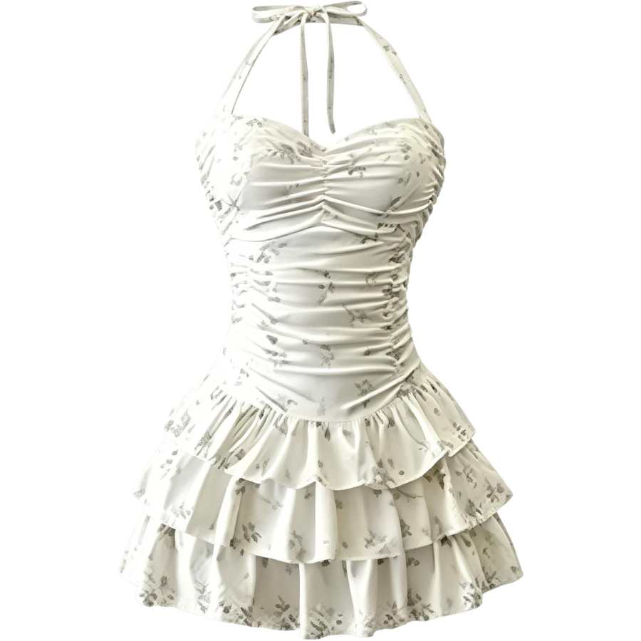 Sugarfunk One Piece Swimsuits Women's Beige Floral Halter Thin Short Skirt One Piece Swimsuit