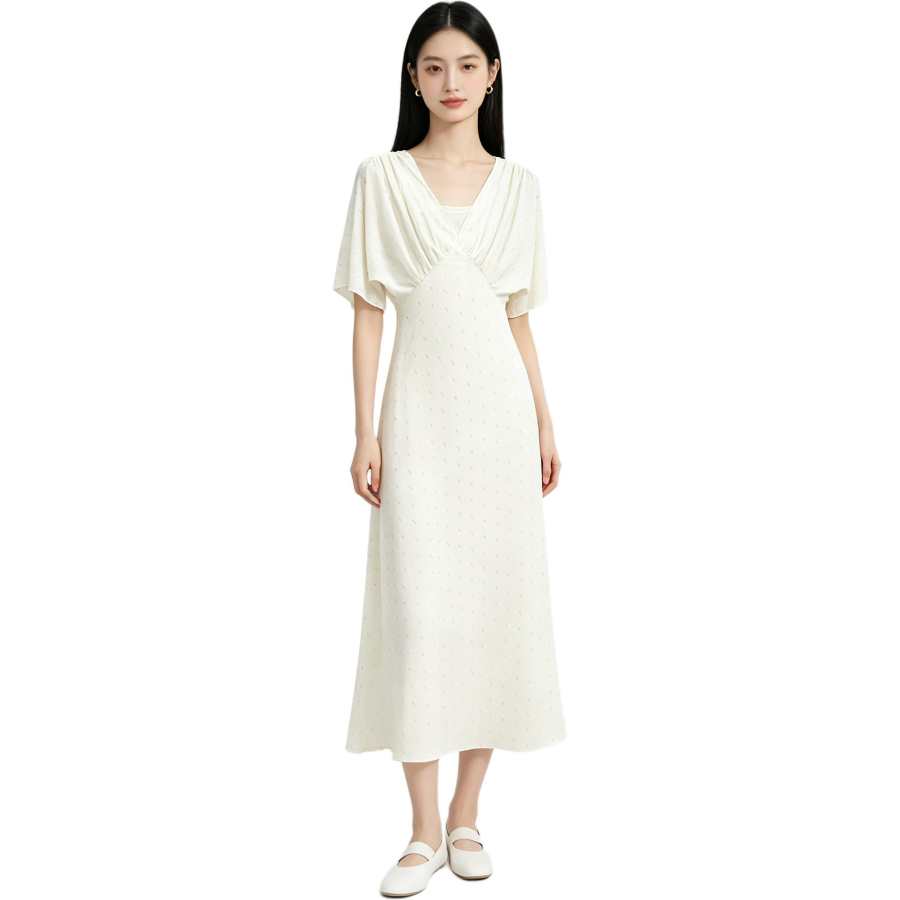 MARIE·COCO Short Sleeved Dresses Women's Dress V Neck Moderate Long Skirt A Line Skirt