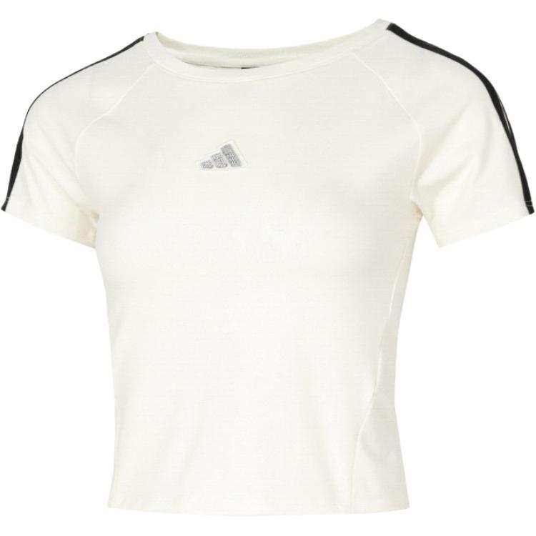Adidas Adidas T Shirts Women's Ecru/Black/Blue Crew Neck Moderate