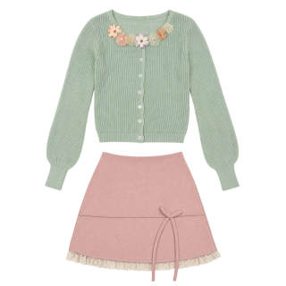 FABRIC PIG Two Piece Skirt Sets Women's Knitted Fabric Long Sleeved+Short Skirt V Neck Thin Short Skirt