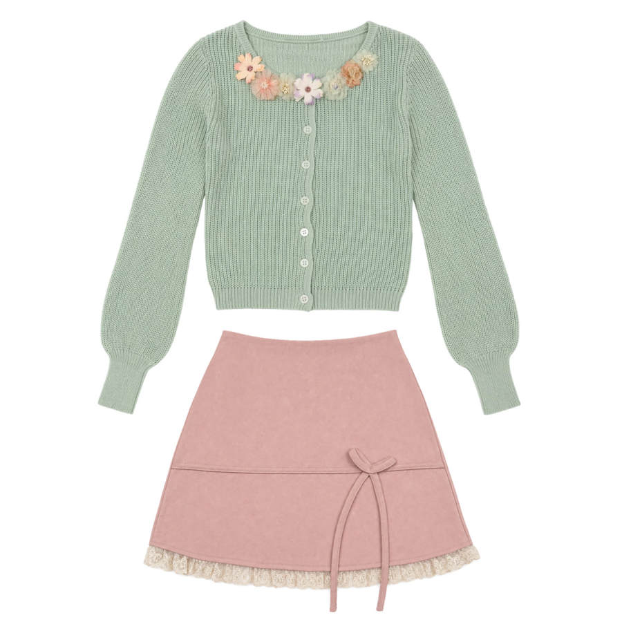 FABRIC PIG Two Piece Skirt Sets Women's Knitted Fabric Long Sleeved+Short Skirt V Neck Thin Short Skirt