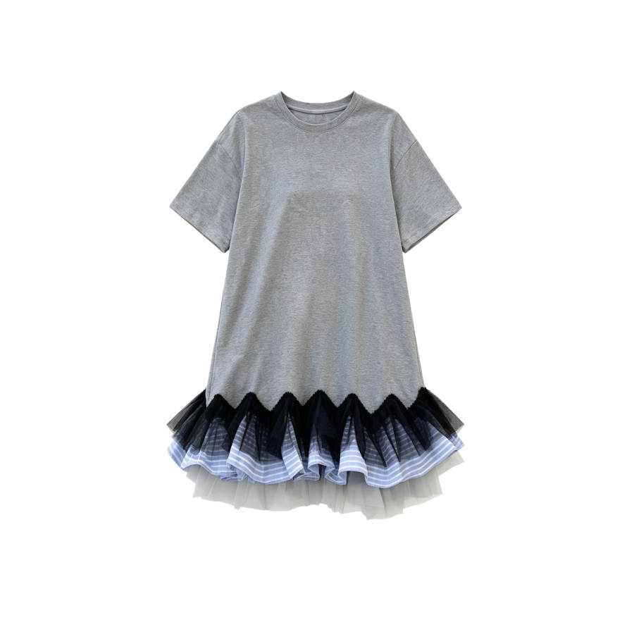 TUSHIFEI Short Sleeved Dresses Women's Gray Crew Neck Moderate Short Skirt A Line Skirt