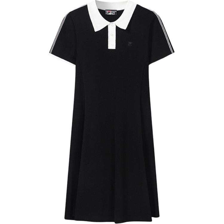 FILA Short Sleeved Dresses Women's Jet Black BK Lapel Moderate Midi Skirt