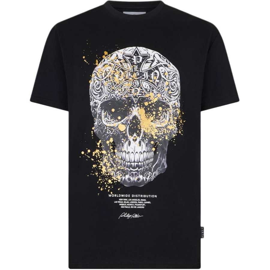 PHILIPP PLEIN T Shirts Men's Black Crew Neck Moderate Straight Fit