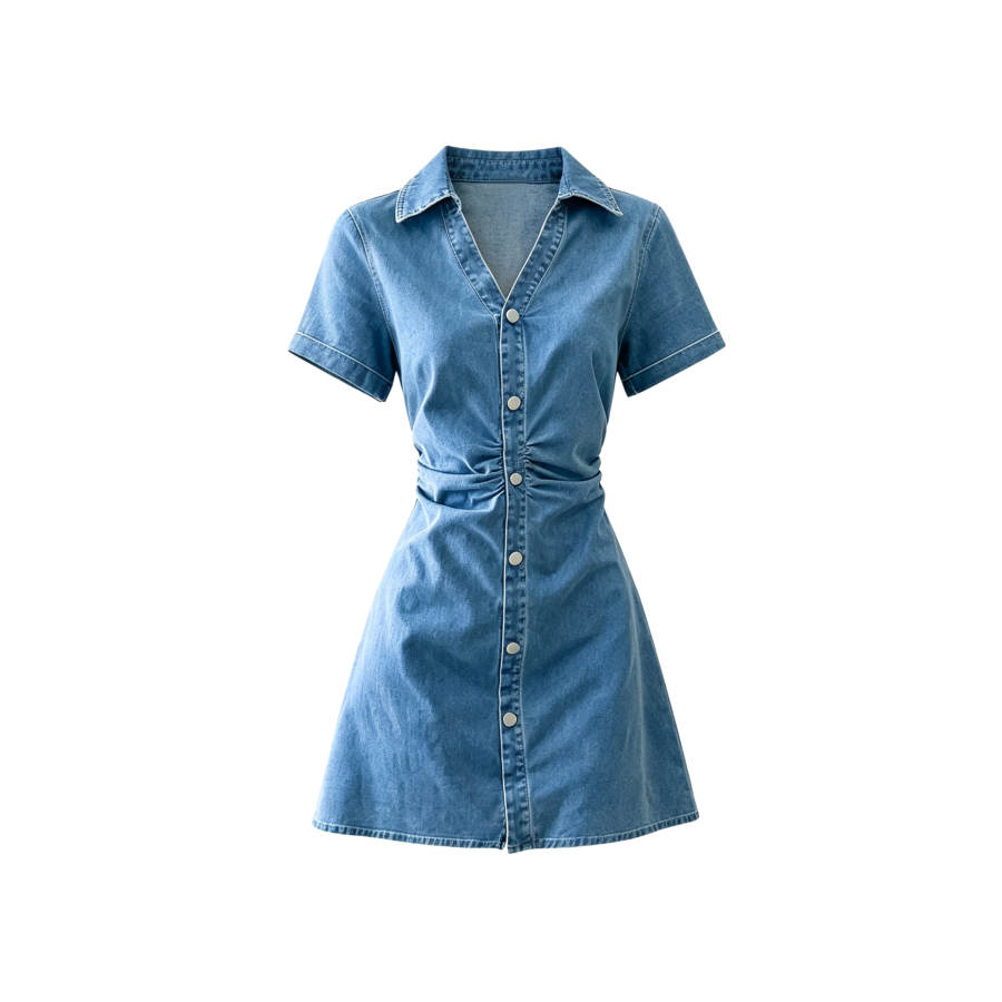 TUSHIFEI Short Sleeved Dresses Women's Lake Blue Lapel Moderate Short Skirt A Line Skirt