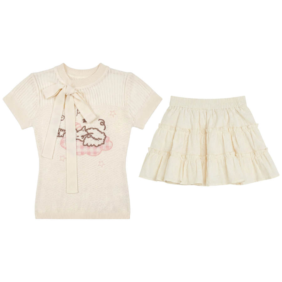 FABRIC PIG Two Piece Skirt Sets Women's Yellow Short Sleeved Top+Short Skirt Crew Neck Thin Short Skirt