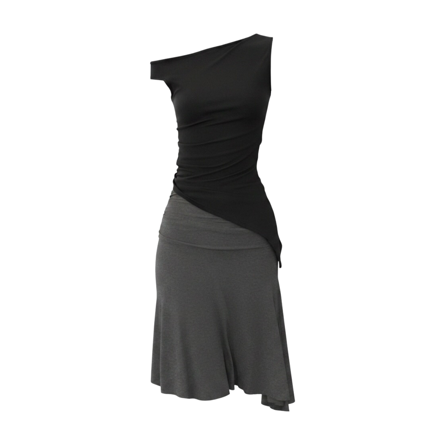 FINDSME GAGA Two Piece Skirt Sets Women's Asymmetrical Collar Thin Midi Dress