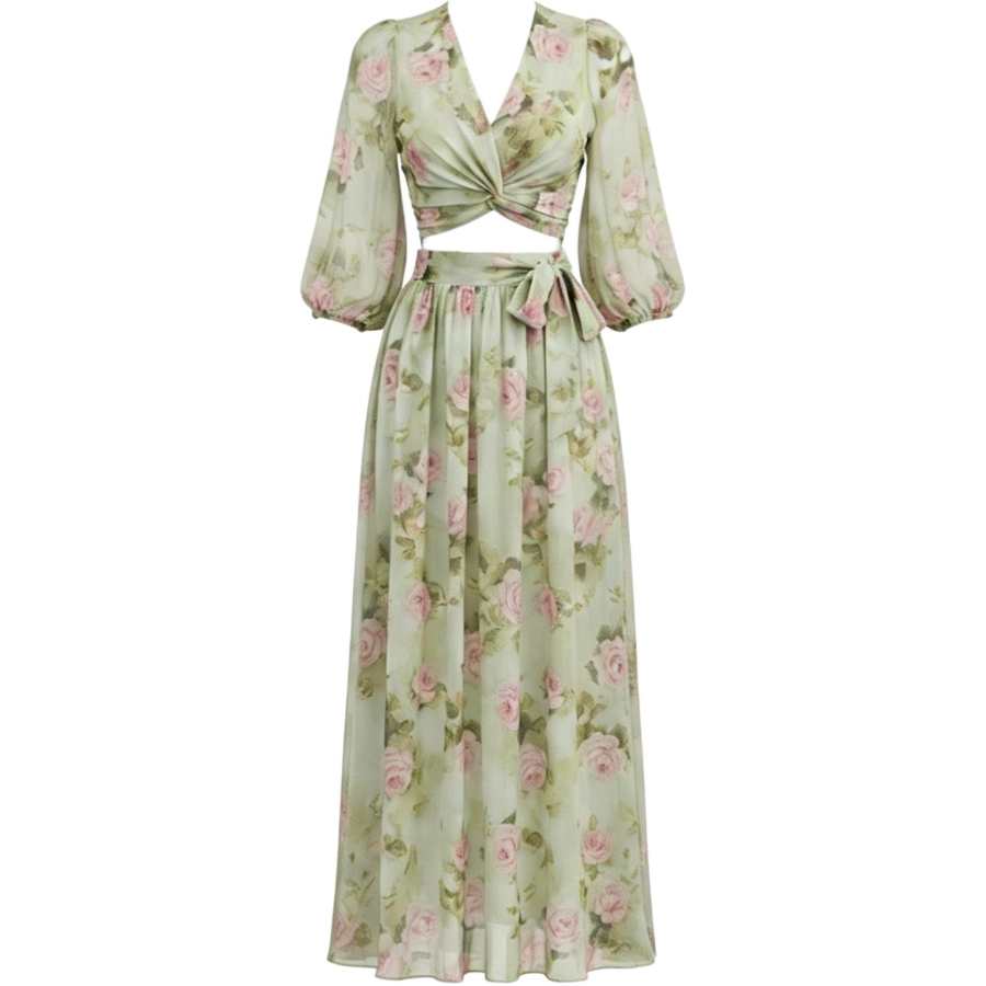 CHARM GLOW Two Piece Skirt Sets Women's V Neck Moderate Long Skirt