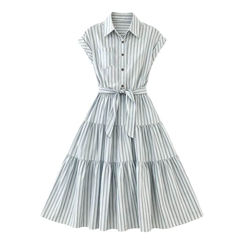 CPAURA Short Sleeved Dresses Women's Image Color Lapel Moderate Long Skirt A Line Skirt