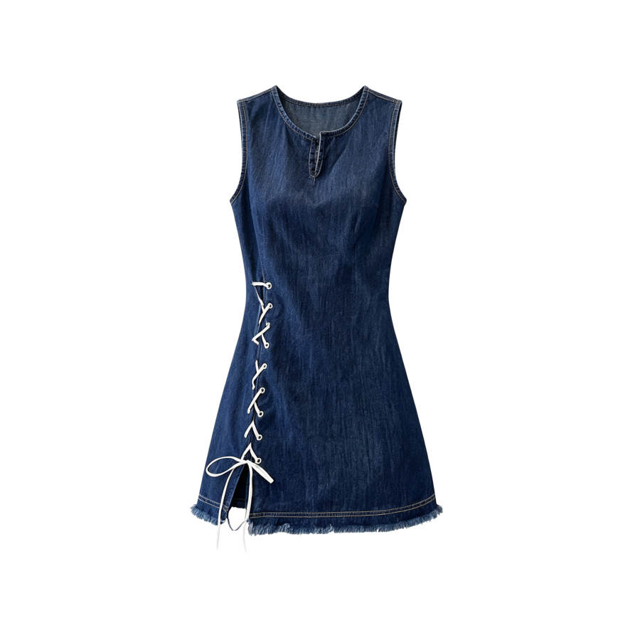 TUSHIFEI Sleeveless Dresses Women's Dark Blue V Neck Moderate Short Skirt A Line Skirt
