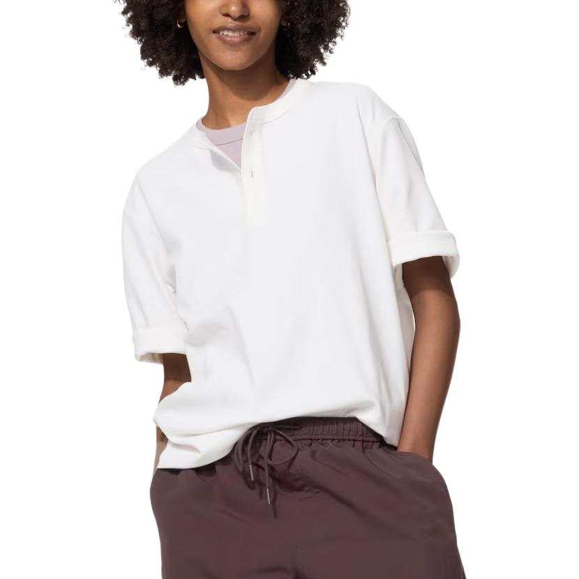 UNIQLO T Shirts Unisex White Henry Collar