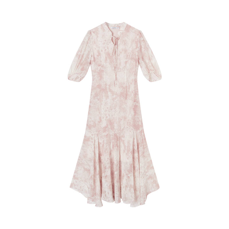 XIANGYING Short Sleeved Dresses Women's Pink Stand Collar Thin Midi Skirt