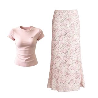 MostwantedLab Two Piece Skirt Sets Women's Crew Neck Moderate Long Skirt