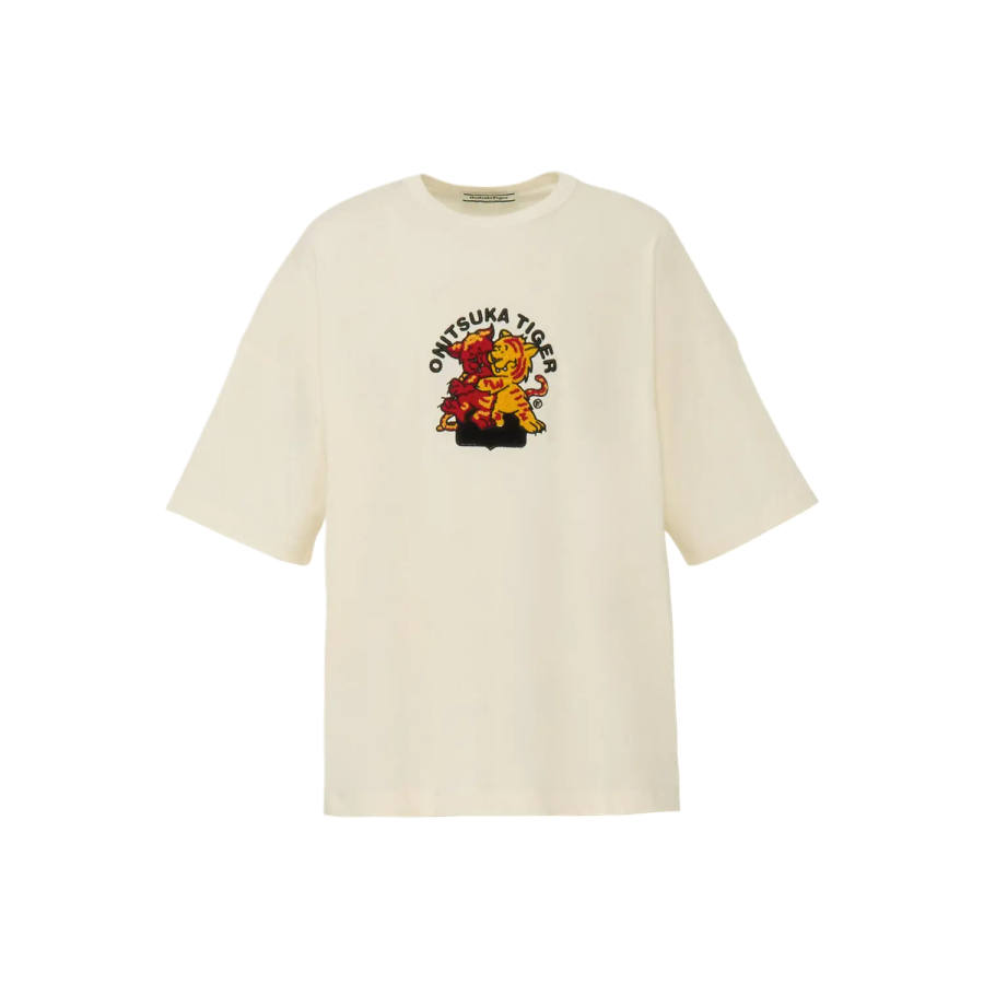 Onitsuka Tiger T Shirts Unisex Ecru Crew Neck Moderate