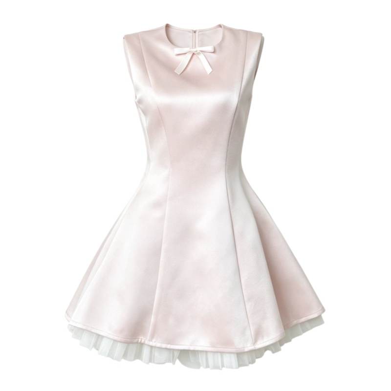 CPAURA Sleeveless Dresses Women's Pink Crew Neck Moderate Short Skirt Puffy Skirt