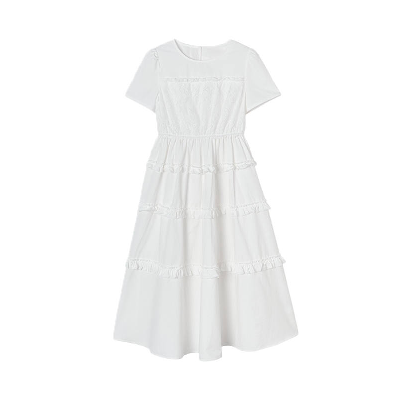 XIANGYING Short Sleeved Dresses Women's White Crew Neck Thin Midi Skirt