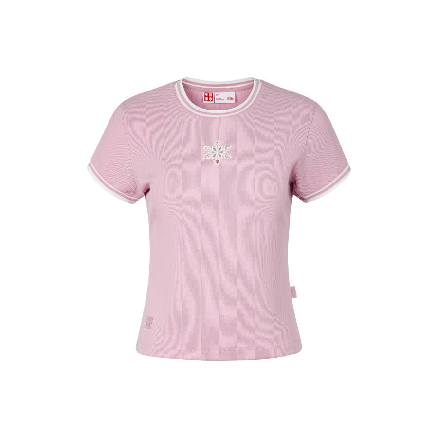 Li-Ning Li Ning T Shirts Women's Flower Branch Pink Crew Neck Moderate