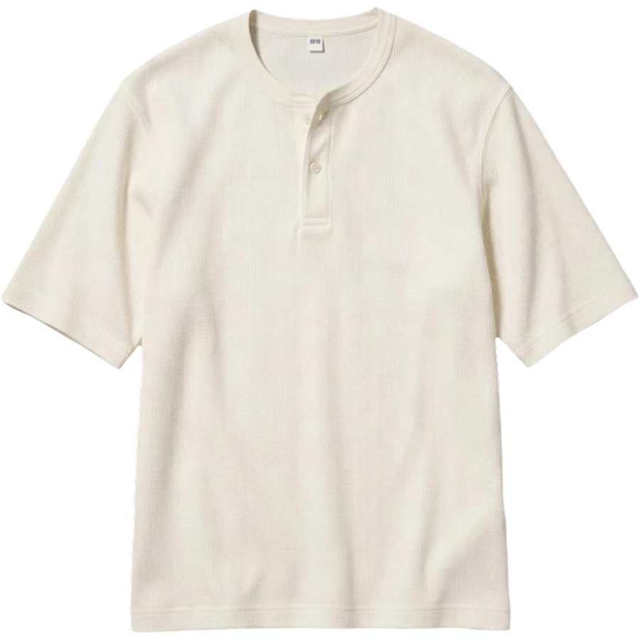 UNIQLO T Shirts Unisex Beige Henry Collar