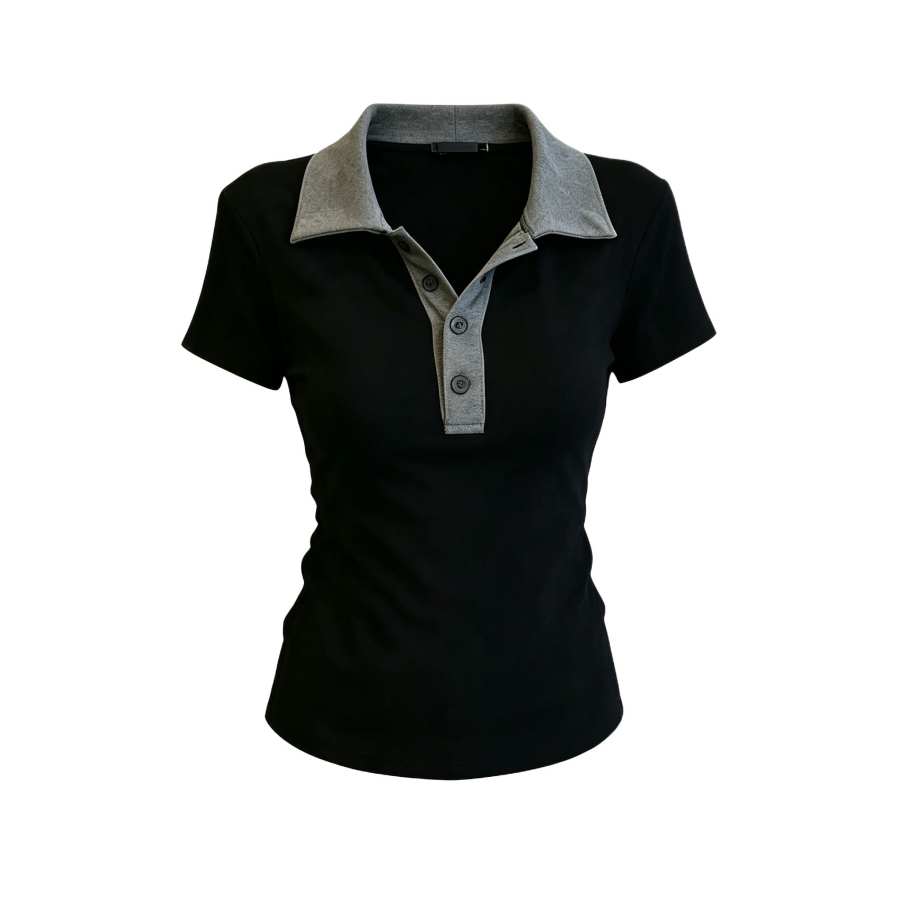 Sugarfunk Polo Shirts Women's Black Gray Color Lapel Thin Nipped In Waist