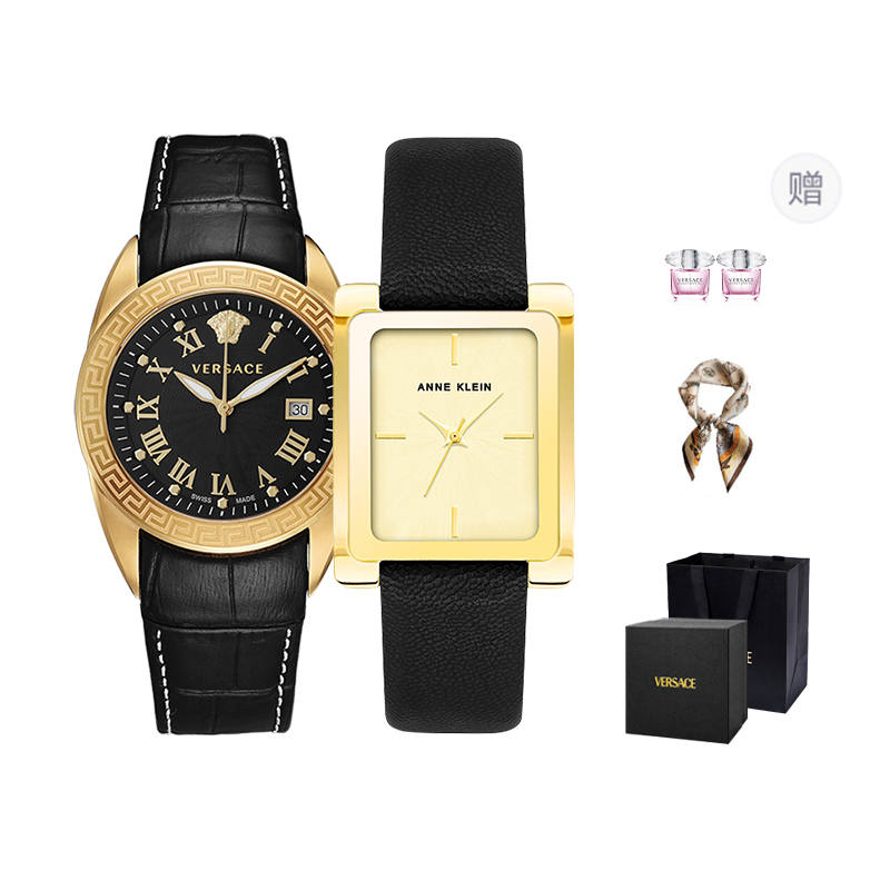 VERSACE ANNE KLEIN Couple Wrist Watches Quartz Movement Cow Leather Strap 42*38mm Black Dial Unisex