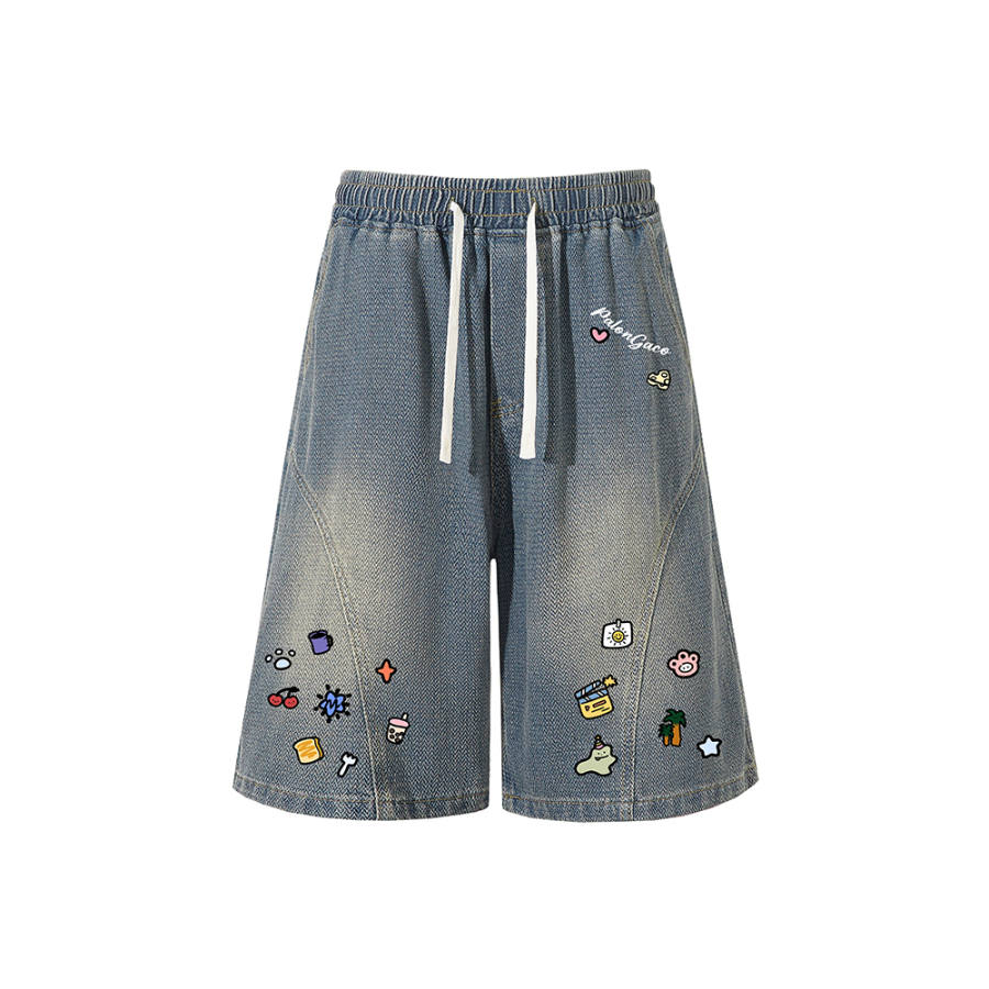 PAL ONGACO Denim Shorts Unisex Blue Moderate Straight Fit Pants