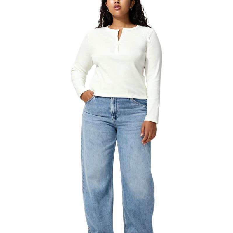 UNIQLO T Shirts Women's Ecru Henry Collar