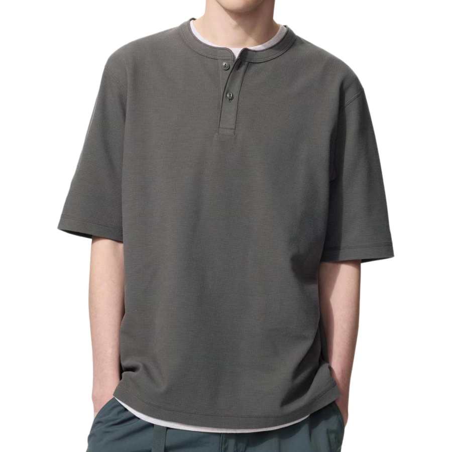 UNIQLO T Shirts Unisex Dark Gray Henry Collar