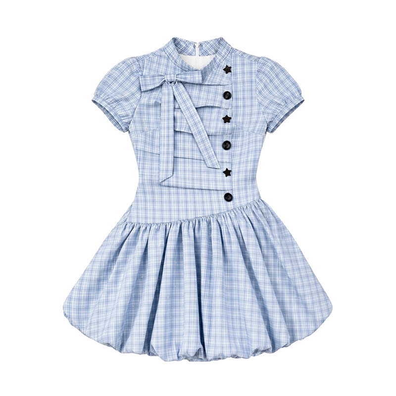 FABRIC PIG Short Sleeved Dresses Women's Light Blue Plaid Stand Collar Thin Short Skirt Puffy Skirt