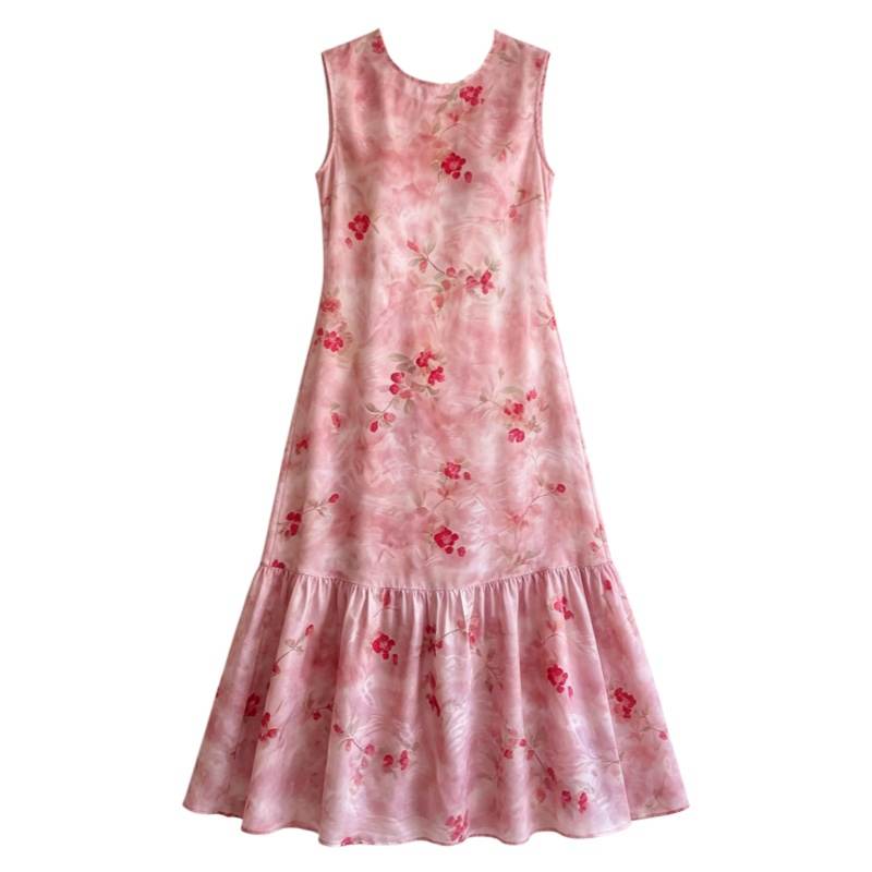 CPAURA Sleeveless Dresses Women's Image Color Crew Neck Moderate Long Skirt A Line Skirt