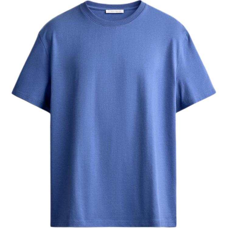 ZARA T Shirts Men's Dark Blue Crew Neck Straight Fit