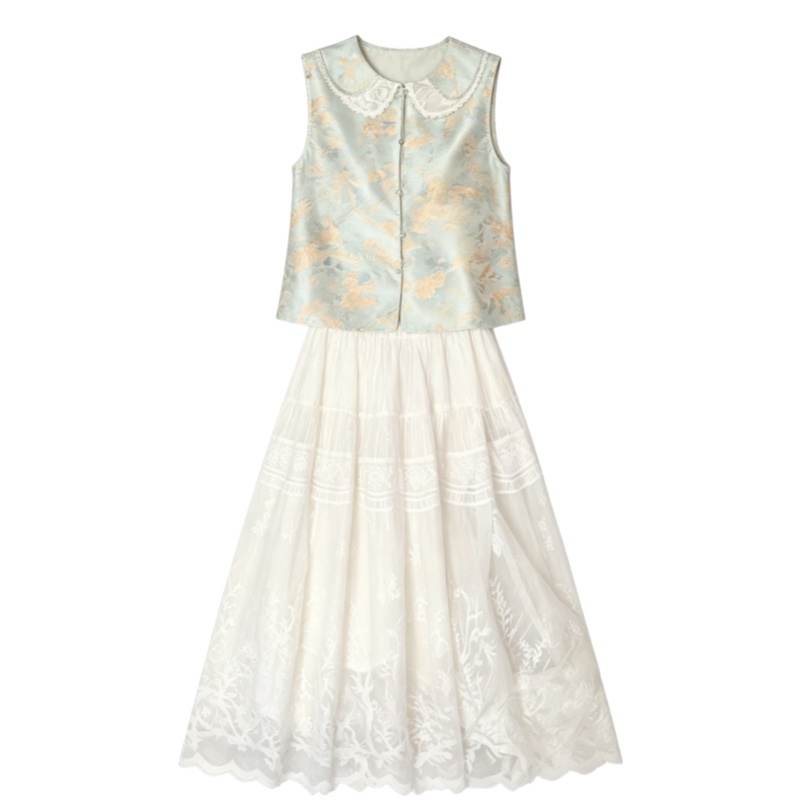 CPAURA Two Piece Skirt Sets Women's Peter Pan Collar Moderate Long Skirt