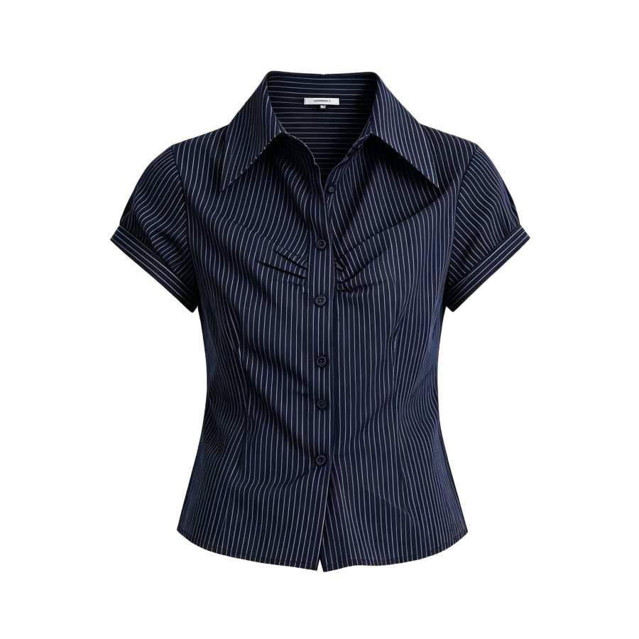 Sugarfunk Polo Shirts Women's Navy Blue Stripes Polo Collar Thin Nipped In Waist