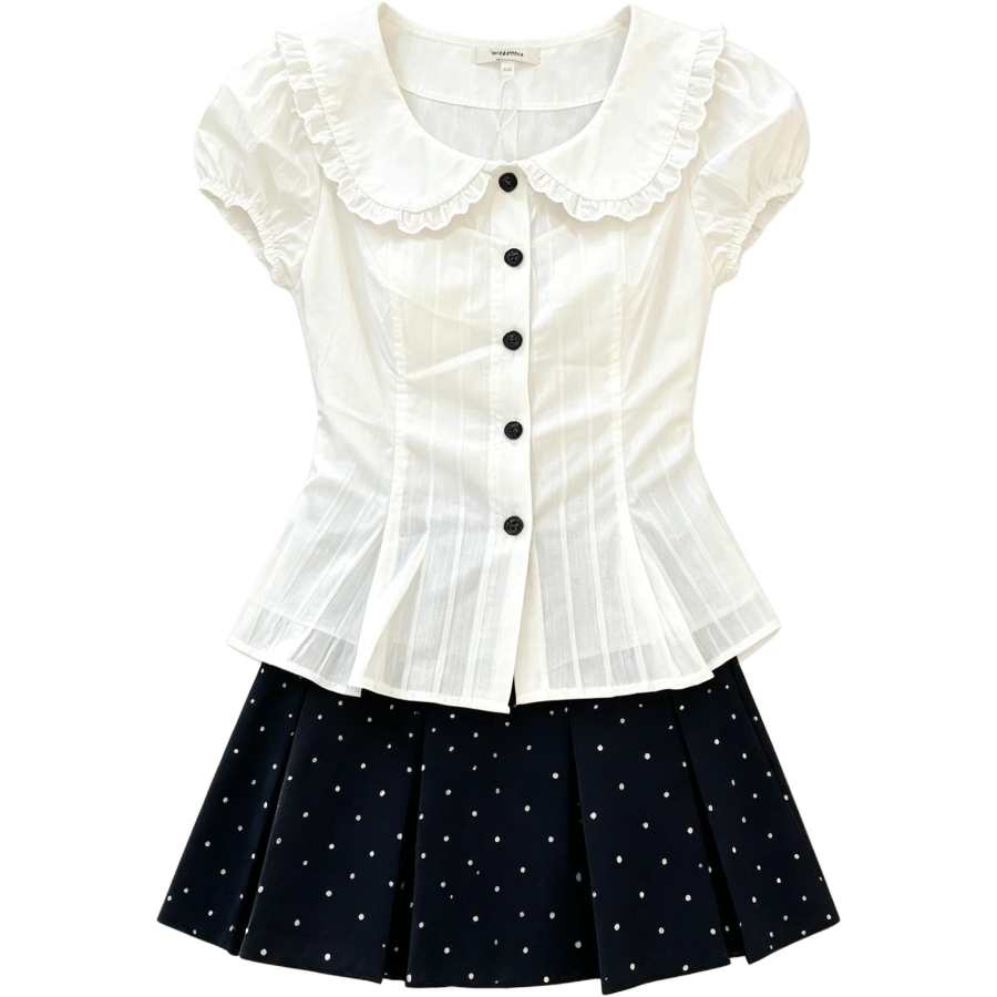 Sugarfunk Two Piece Skirt Sets Women's Peter Pan Collar Thin Short Skirt