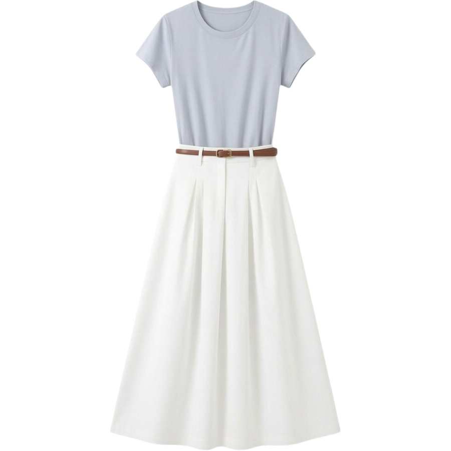 CHARM GLOW Two Piece Skirt Sets Women's Crew Neck Moderate Long Skirt