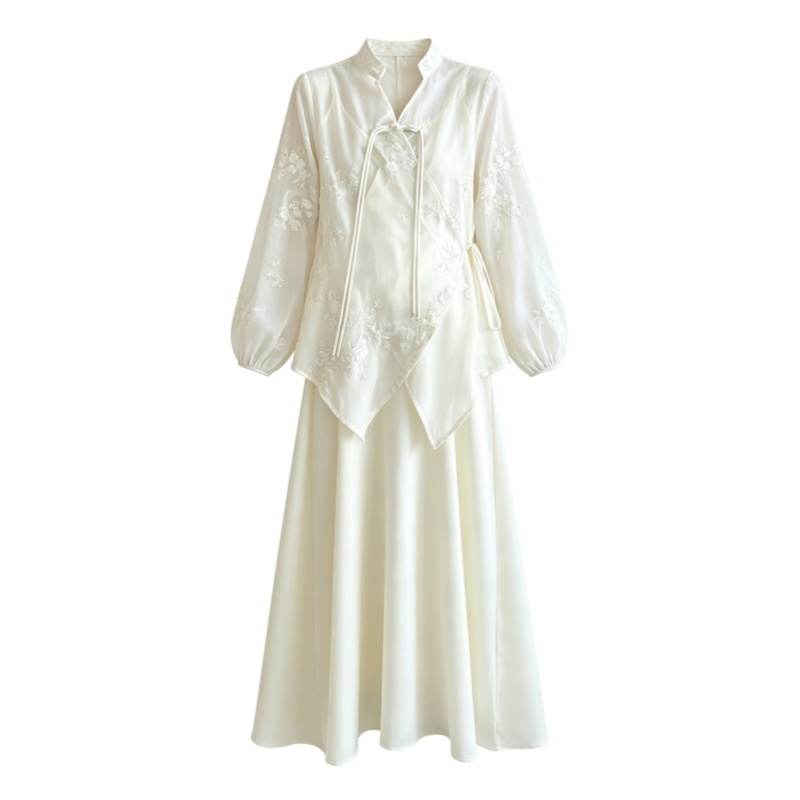 CPAURA Two Piece Skirt Sets Women's Stand Collar Moderate Long Skirt