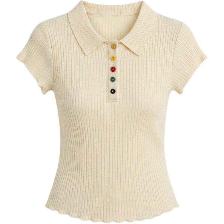 CHARM GLOW Polo Shirts Women's Apricot Lapel Moderate Nipped In Waist