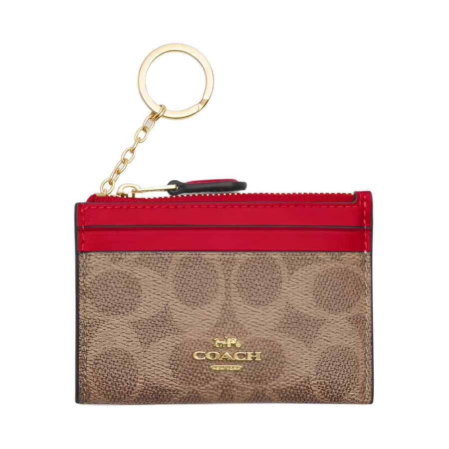 COACH Skinny Id Case Coated Canvas Card Holder Mini Women's Tan & Carnation Red